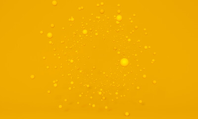 Explosion of yellow particles. floating spheres on studio background. Agility concept, make up.