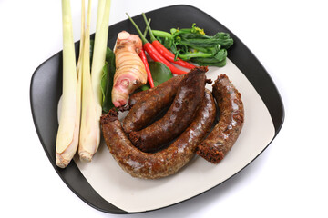 Local Northern Thai food , Northern Thai spicy sausage street food isolated in white background