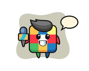 Character mascot of rubik cube as a news reporter