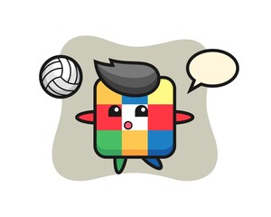 Character cartoon of rubik cube is playing volleyball