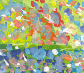 bright multi-colored abstraction made with strokes and dots of gouache, dense texture without a white background.