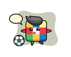 Illustration of rubik cube cartoon is playing soccer