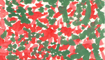 bright red-green abstraction made with strokes and dots of gouache