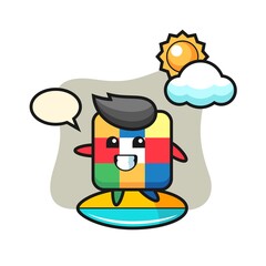 Illustration of rubik cube cartoon do surfing on the beach