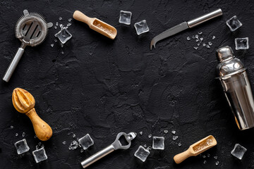 Set of cocktail drink tools and ingredients with shaker and ice. Flat lay