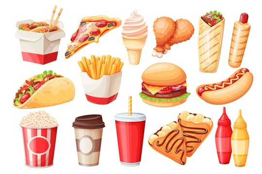 Fast food cartoon vector icon set. Crepes, hamburger, wok noodles, hot dog, shawarma, pizza and others for takeaway cafe design. Illustration of street food.