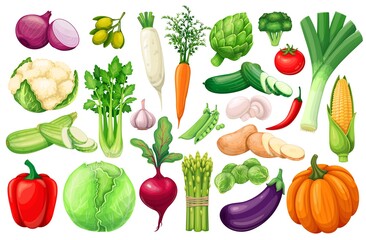 Vegetables icons set in cartoon style. Farm product of artichoke, leek, corn, garlic, cucumber, pepper, onion, celery, asparagus, cabbage and ets.