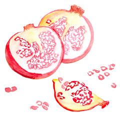 watercolor painted pomegranate. cut into halves pomegranate pulp is visible
