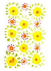 hand-drawn gouache field of yellow and orange flowers with green leaves on a white background