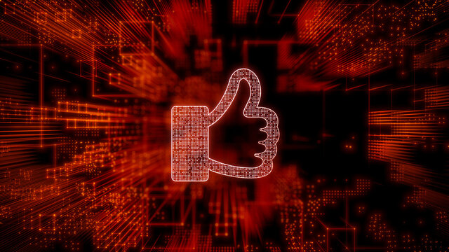 Social Media Technology Concept with like symbol against a Futuristic, Orange Digital Grid background. Network Tech Wallpaper. 3D Render 