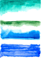 watercolor set of colored stripes in blue and green shades. Abstract art hand paint