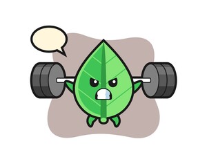 leaf mascot cartoon with a barbell