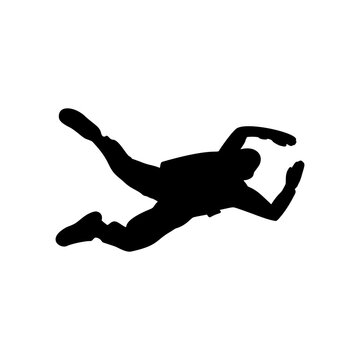 Parachutist in flight vector silhouette illustration isolated on white background.
