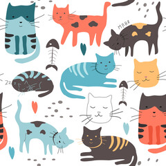 Obraz na płótnie Canvas cute funny vector seamless pattern with hand drawn difference cats, paws, naive childish ornament. pattern for printing on fabric, clothing, wrapping paper, wallpaper for a kid's room, baby things