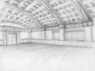 ballroom sketch interior huge room with tall decorated ceilings. palace interior 