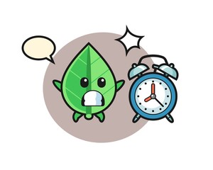 Cartoon Illustration of leaf is surprised with a giant alarm clock
