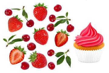 strawberry,cherry  and cake isolated on white background