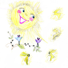 children's drawing drawn by hand with colored pencils. the sun is smiling next to the sunbeams