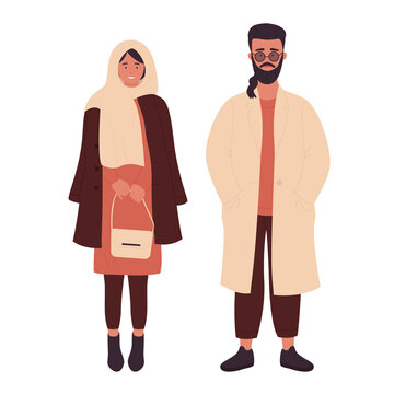 Muslim young fashionable couple people vector illustration. Cartoon arab flat young man and woman standing together, arabian boyfriend and girlfriend wearing modern clothes isolated on white
