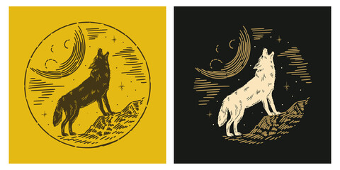 Howling wolf line esoteric alchemy magic space illustration design - obrazy, fototapety, plakaty
