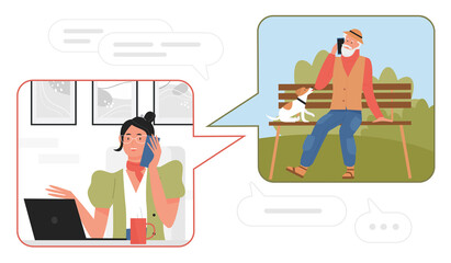 Call chat concept vector illustration. Cartoon young happy woman character using mobile phone for calling parents, talking with old father or senior grandfather, working art home or office.