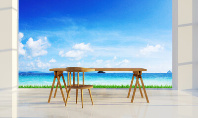 wooden table and sea view background. 3d rendering