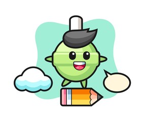 lollipop mascot illustration riding on a giant pencil