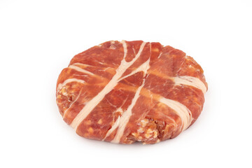 Fresh raw burger patty isolated on white background