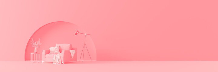 Creative interior design in pink studio with comfortable armchair. Modern living room minimal concept 3d render 3d illustration