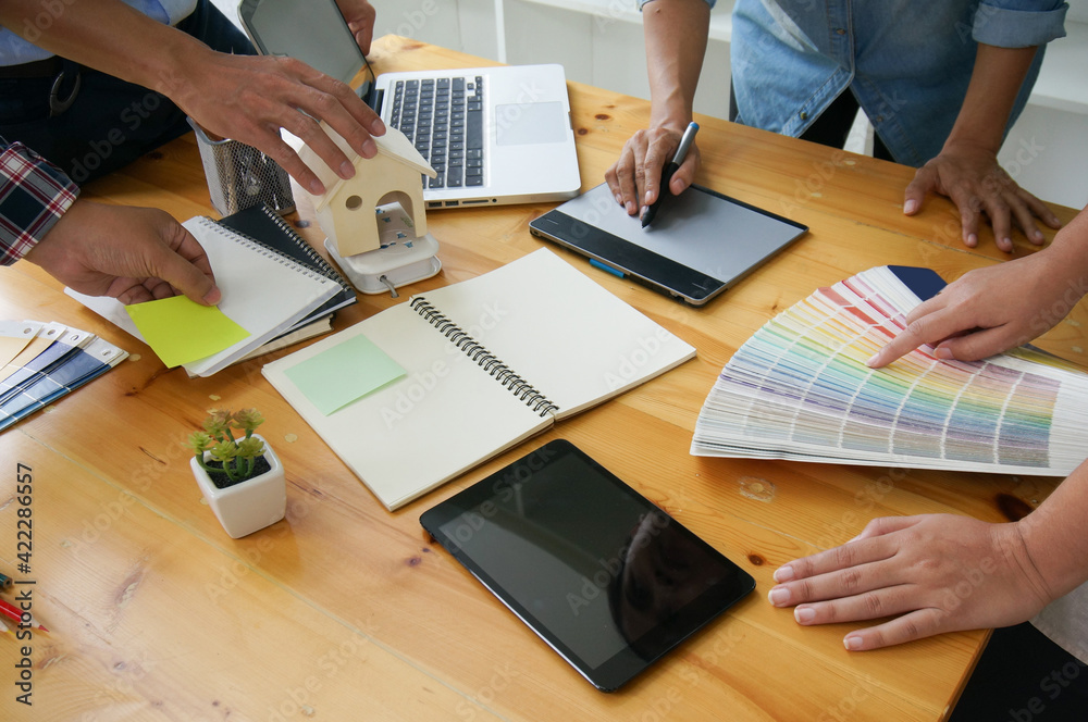 Fototapete Graphic designer working on digital tablet. artist drawing on graphic tablet and Color swatch samples. Artist Creative Designer sketch graphic drawing creative creativity draw studying work on tablet