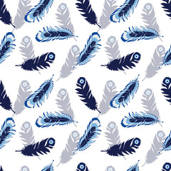 Creative bird feathers. Seamless pattern in blue tones for printing on fabric, paper, interior design, bedding, decorative textiles. Blue eye. Guardian Nazar. 