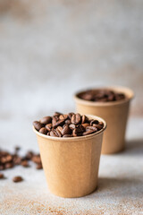coffee beans in a paper cup fresh roasted grain serving arabica or robusta healthy meal top view copy space for text food background rustic image
