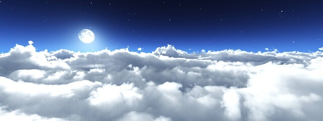 Night cloudy landscape, the moon above the clouds, the rising of the moon among the clouds, lunar landscape with clouds, panorama of the clouds at night