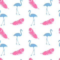 Seamless pattern with exotic pink and blue flamingos and feathers on a white background. Birds for printing on fabric, textiles, paper, bedding. 