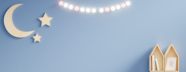 Home decoration with moon, stars and toy houses and a beautiful clothesline with light blue background.