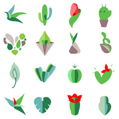 Stylized flowers and home plants. Set with different abstract trendy symbols. Modern eco logotypes for your design projects. Flat style.