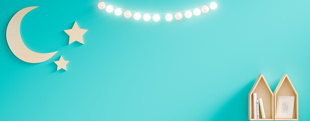 
Home decoration with moon, stars and toy houses and a beautiful clothesline with sea green background.