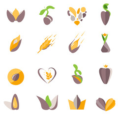Stylized corns and seeds. Set with different abstract trendy symbols. Modern eco logotypes for your design projects. Flat style.