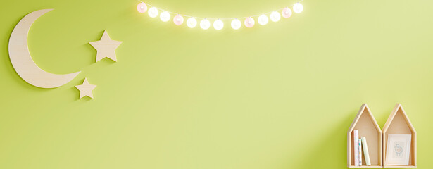 Home decoration with moon, stars and toy houses and a beautiful line of lamps with yellow background.