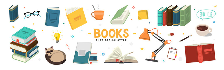 Set of books, flat design style.