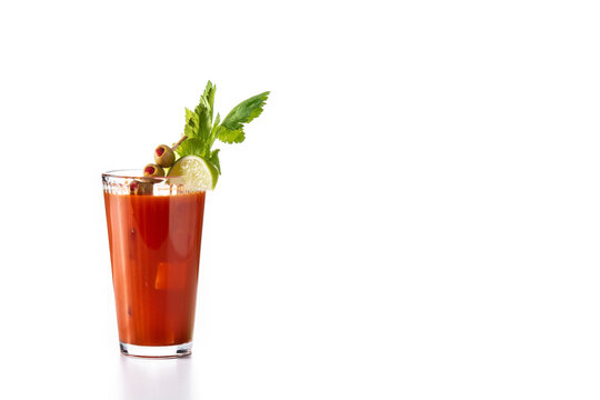 Bloody Mary cocktail in glass isolated on white background. Copy space