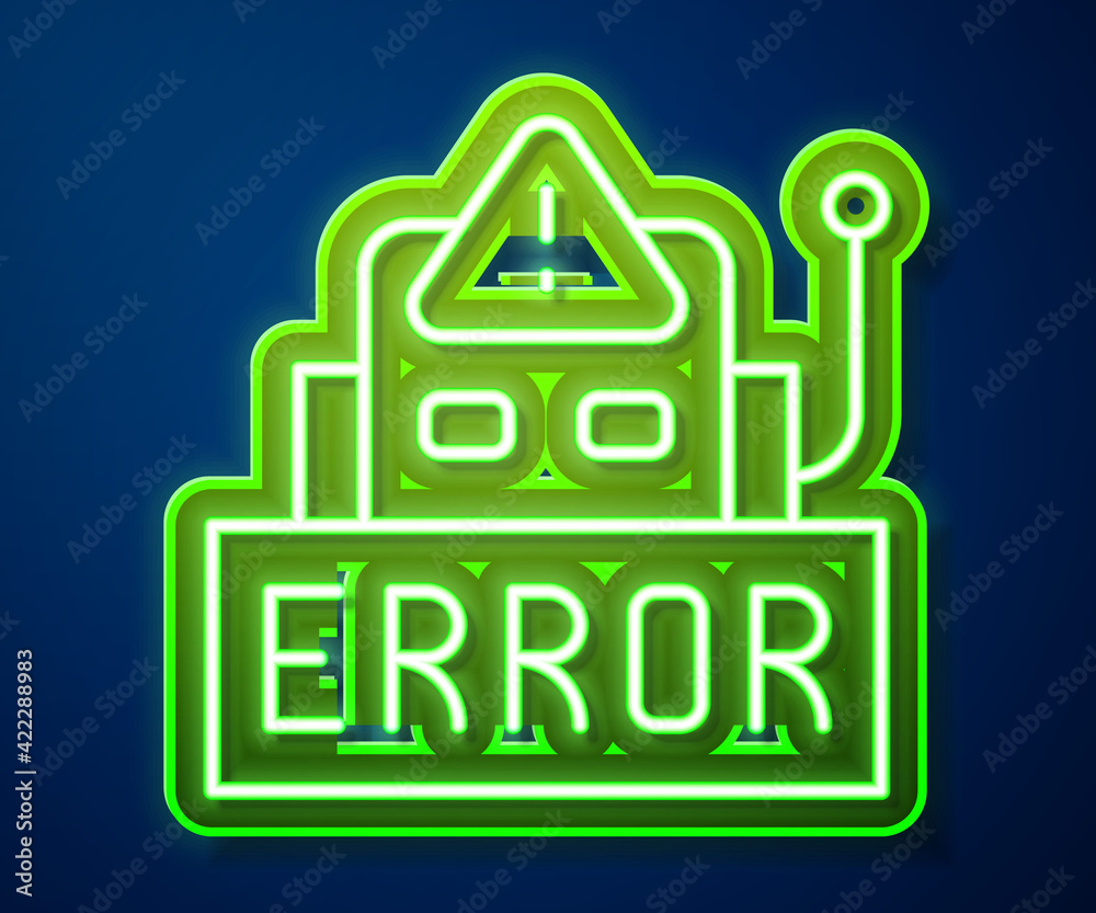 Poster glowing neon line error in the operation program of the robot icon isolated on blue background. a br
