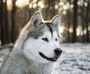 Fluffy Alaskan Malamute female in a forest illuminated by the sunset. Pedigreed dog's portrait in winter. Selective focus on the eyes, blurred background.