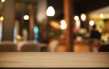 Empty wooden table in front of abstract blurred background of coffee shop . can be used for display or montage your products.Mock up for display of product