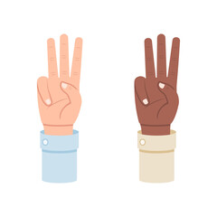 White and black hand shows three fingers, third vector illustration isolated on white background