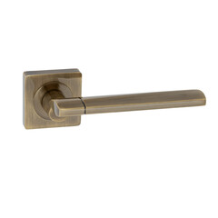 Bronze door handle with a greenish tint on a square base with a straight handle with a glossy finish in a simple modern classic design on a white background