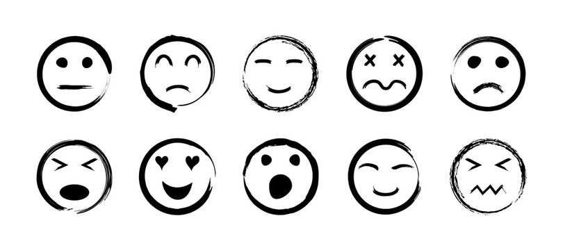 Sketch face. handdrawn icon of smile. Happy and sad emoticon. Doodle of smiley. Set of emoji faces. Outline of black icons. Angry, funny, cute, confused and cry emotions. Sign of character. Vector