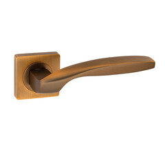 Anatomical bronze door handle with a reddish tint on a square base with a matte finish in a sleek modern classic design on a white background