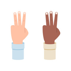 White and black hand shows three fingers, third vector illustration isolated on white background