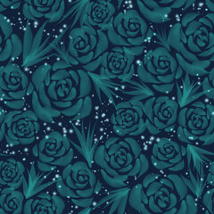 Hand drawn watercolor mint roses floral seamless pattern